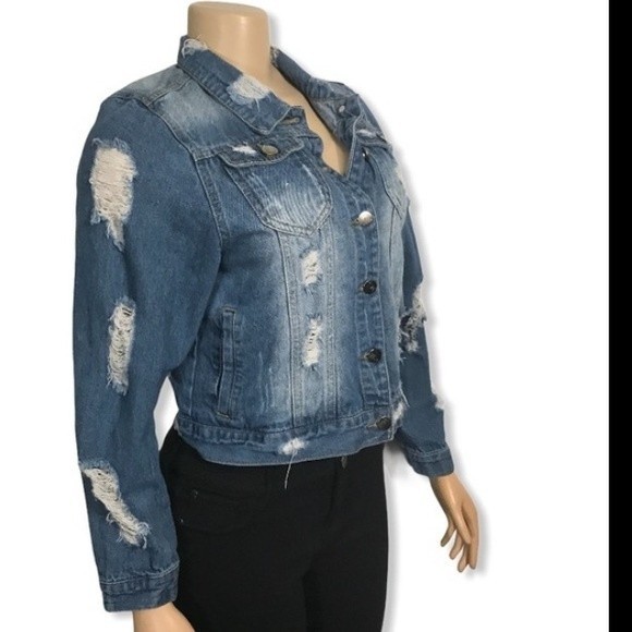 Between Us Denim Trucker Jacket factory Ripped and Distressed size S - Picture 13 of 16